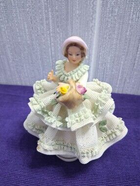 Vintage N Dresden Lace Lady Figurine 3.5" Hand Painted Porcelain Girl